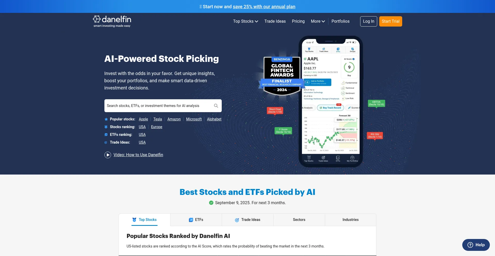 Website screenshot of Danelfin.com