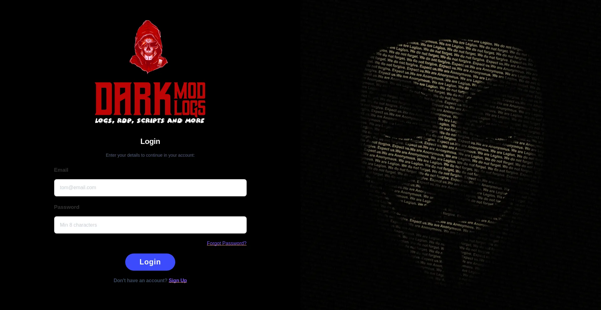 Website screenshot of Darkmodlogs.com