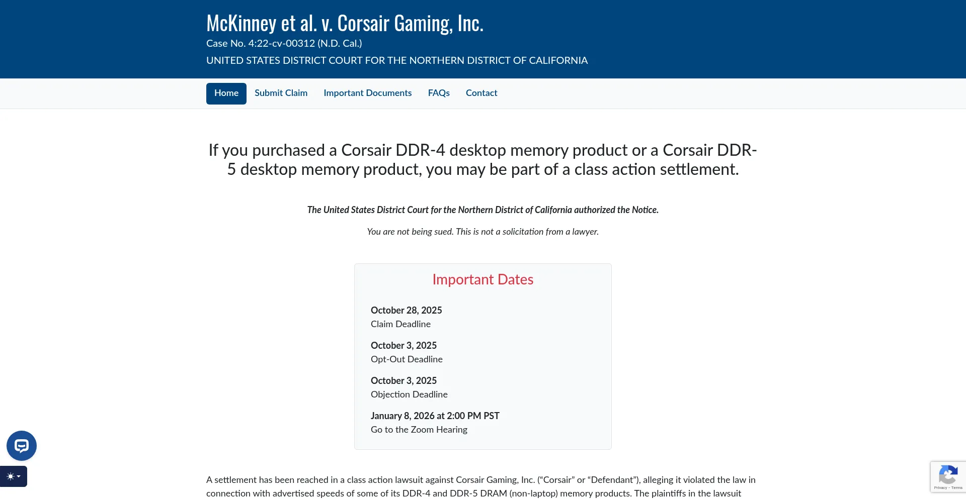 Website screenshot of Ddr4andddr5desktopmemoryspeedsettlement.com