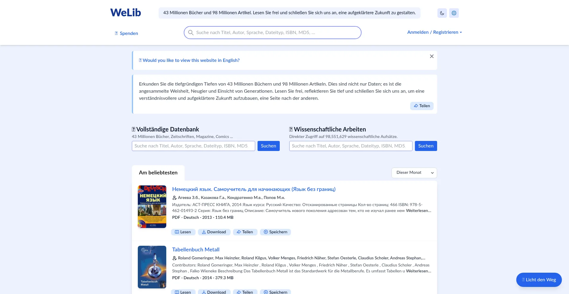 Website screenshot of De.welib.org