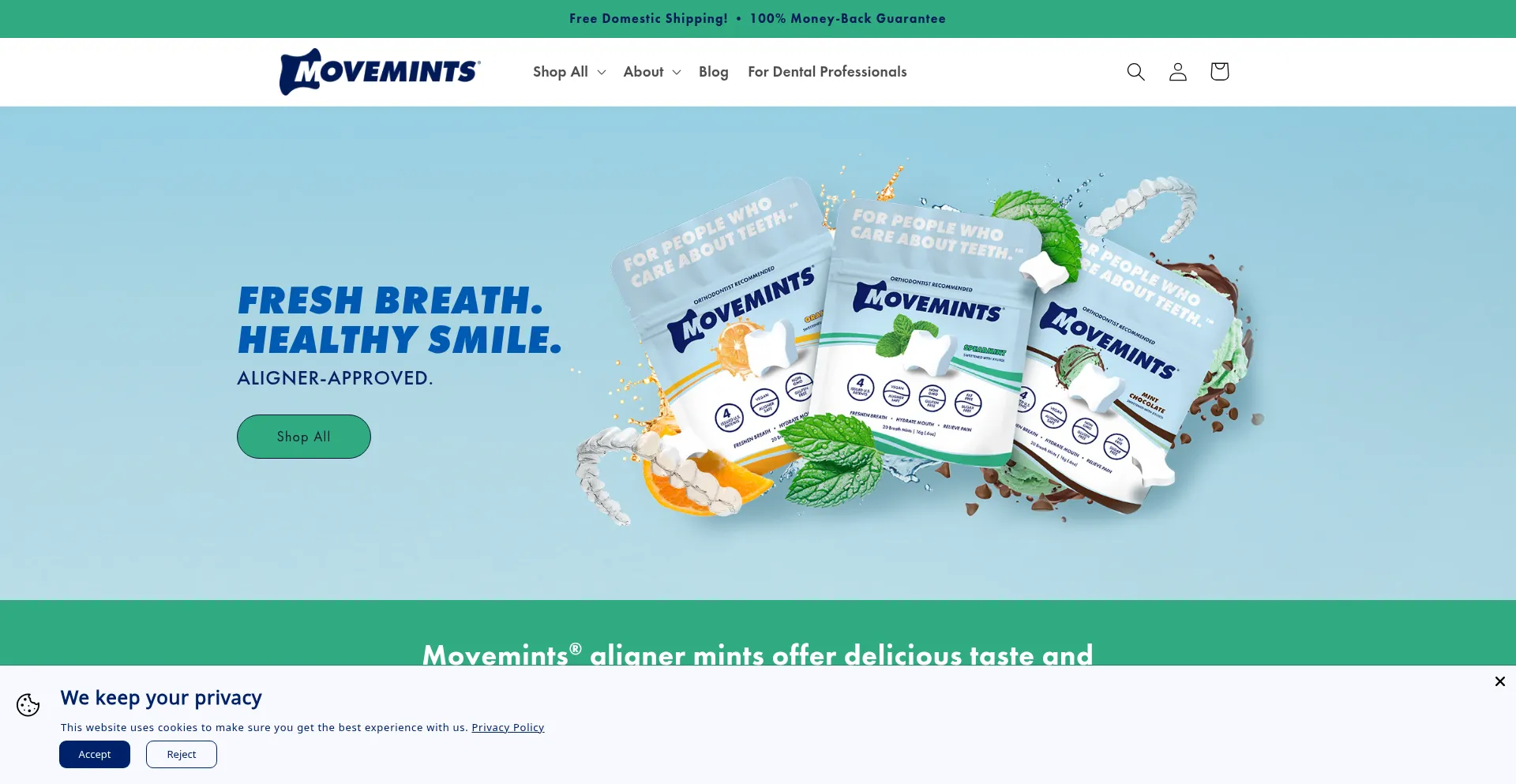 Website screenshot of Dentalmovemints.com