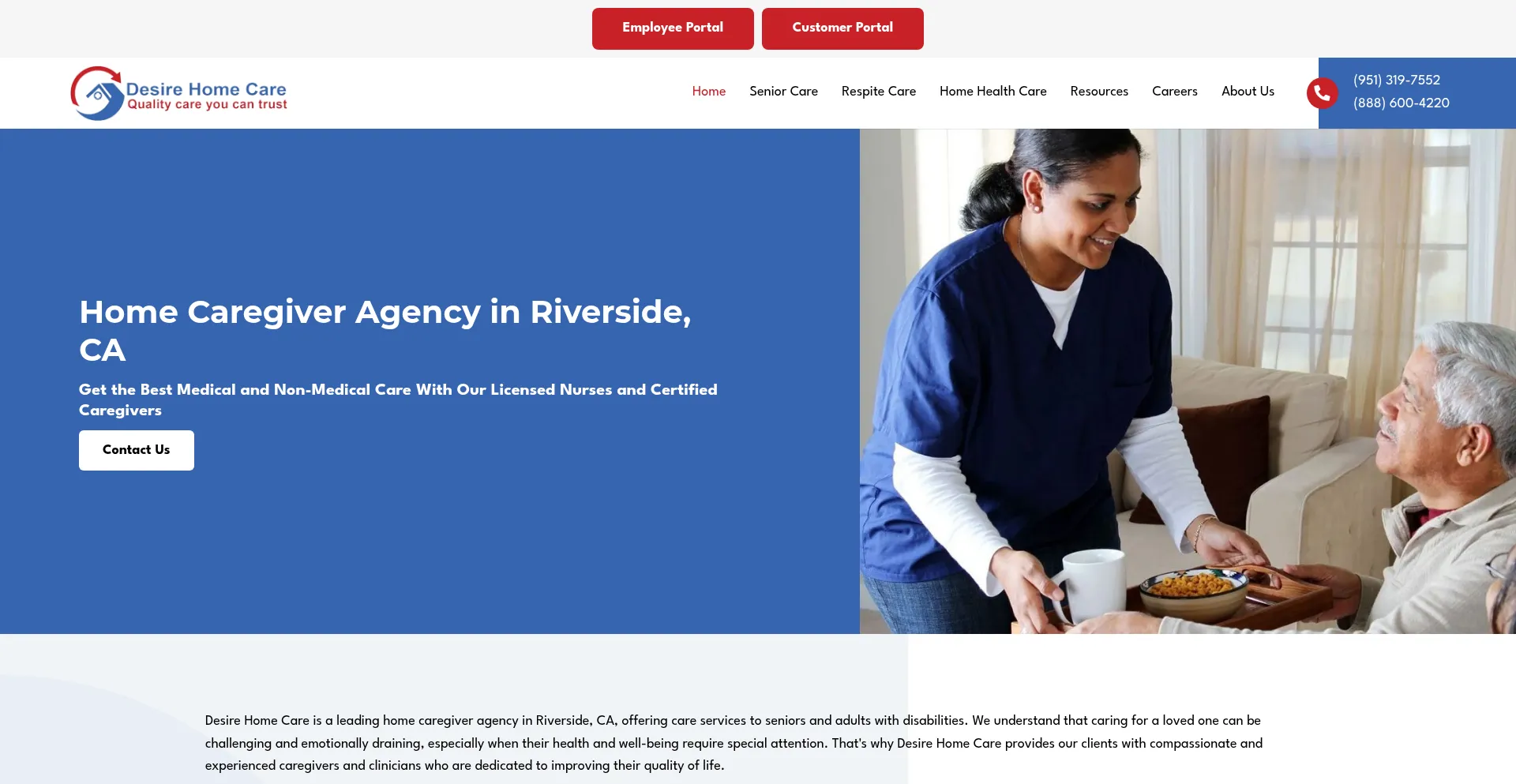 Website screenshot of Desirehomecare.com