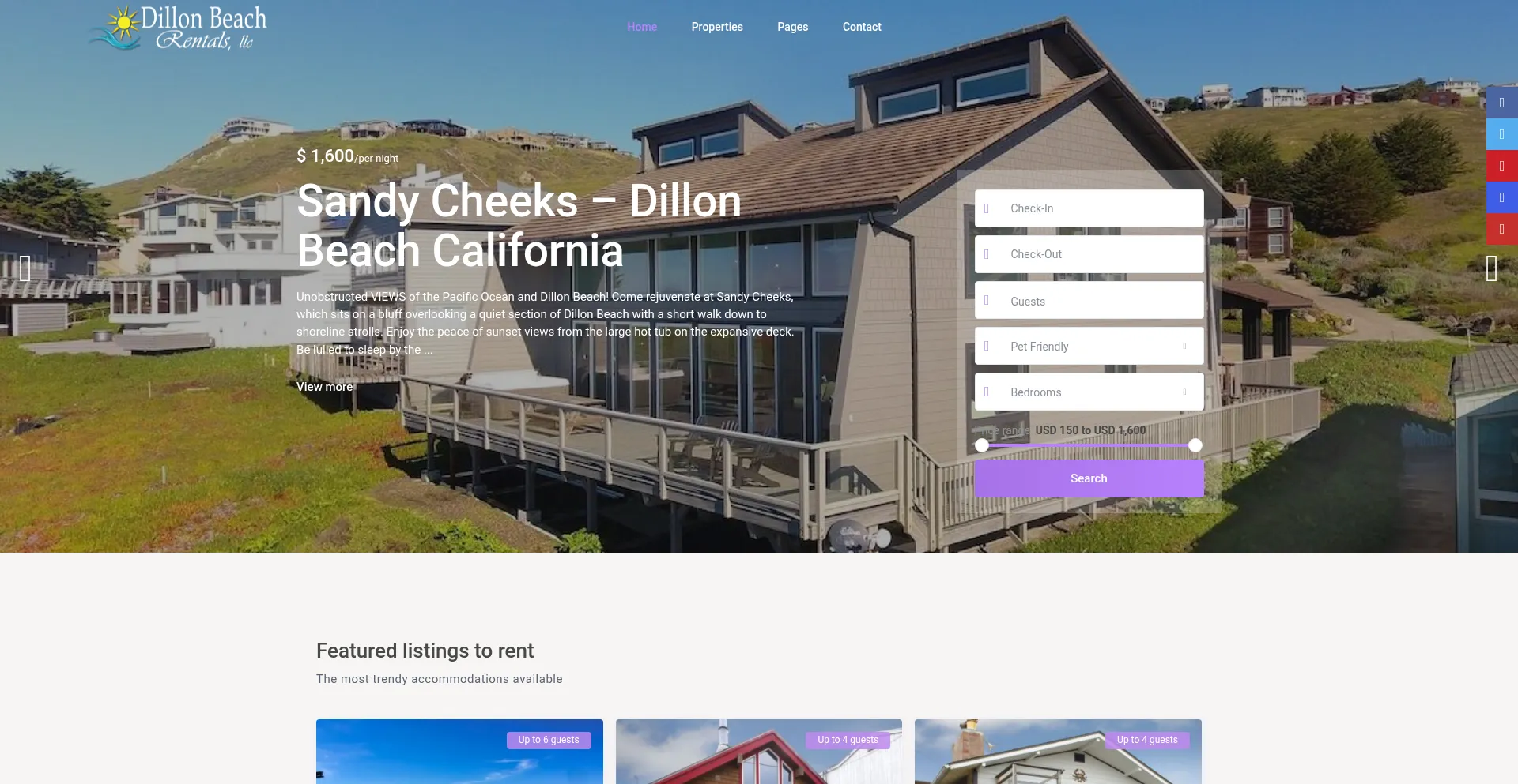 Website screenshot of Dillonbeach.rentals