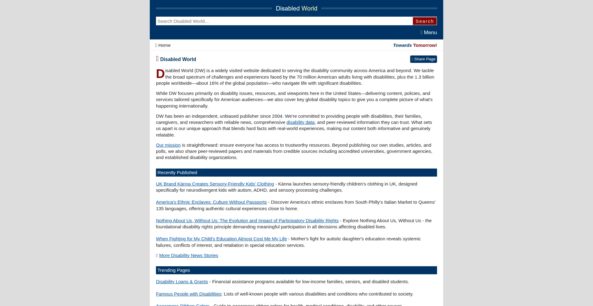Website screenshot of Disabled-world.com