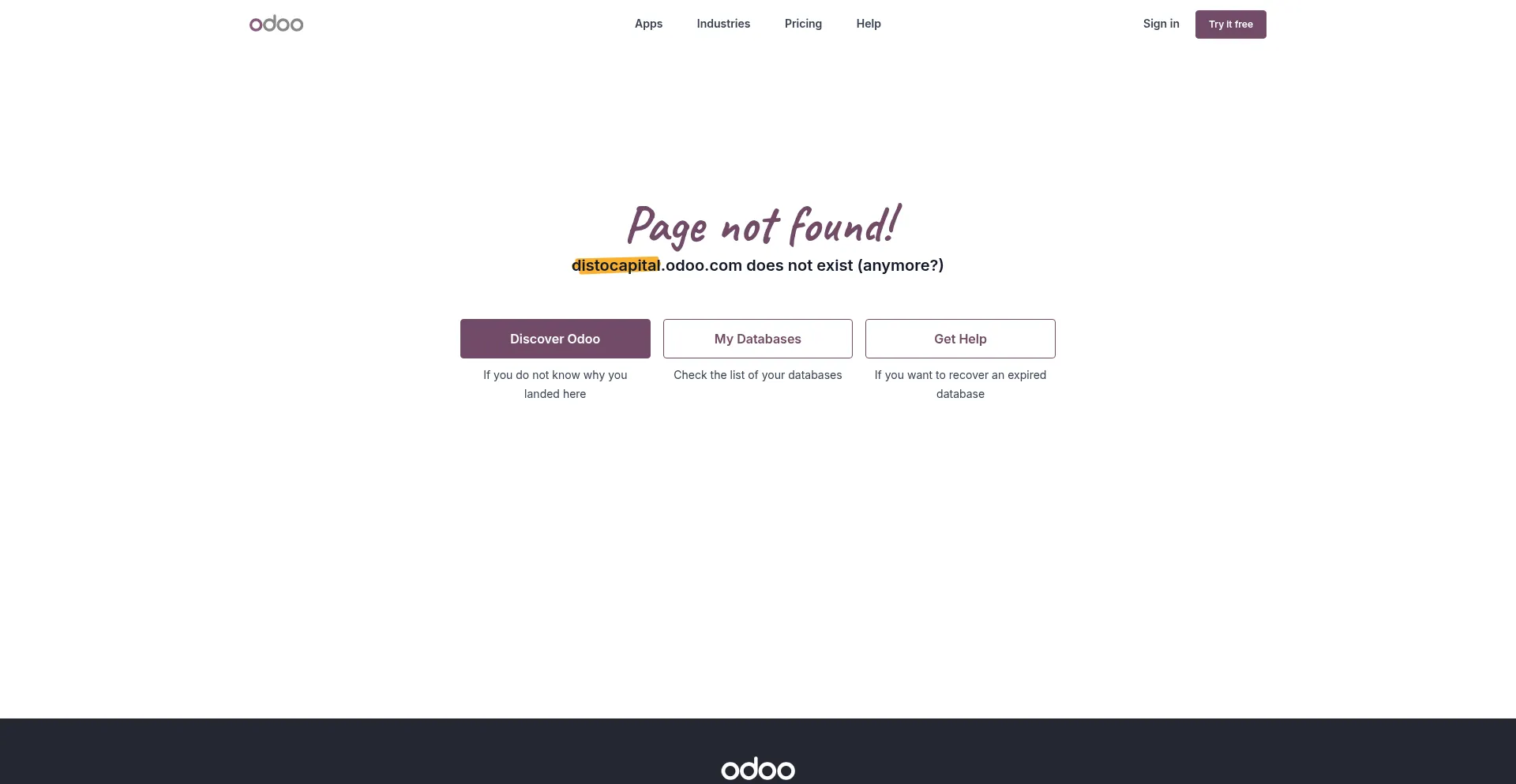Website screenshot of Distocapital.odoo.com