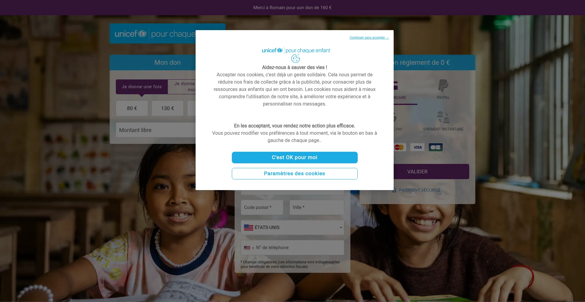 Website screenshot of Don.unicef.fr