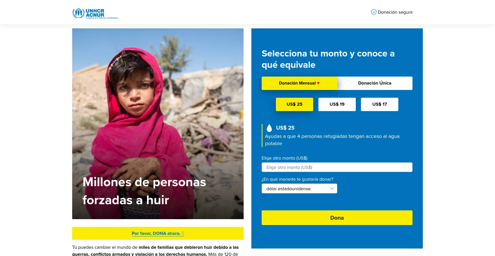 Website screenshot of Dona.acnur.org