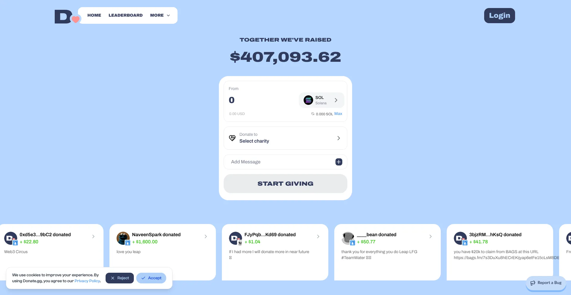 Website screenshot of Donate.gg