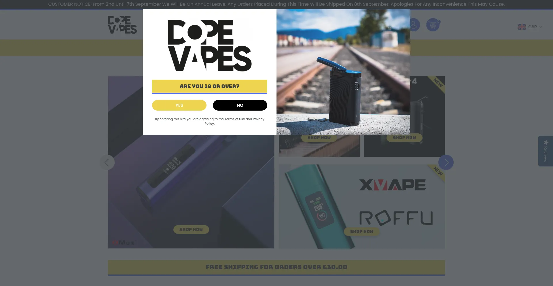 Website screenshot of Dopevapes.co.uk