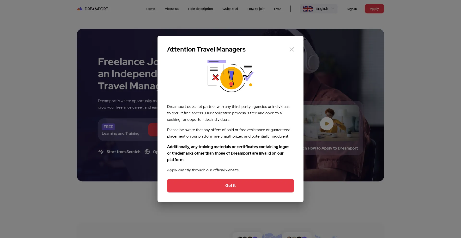 Website screenshot of Dreamport.me