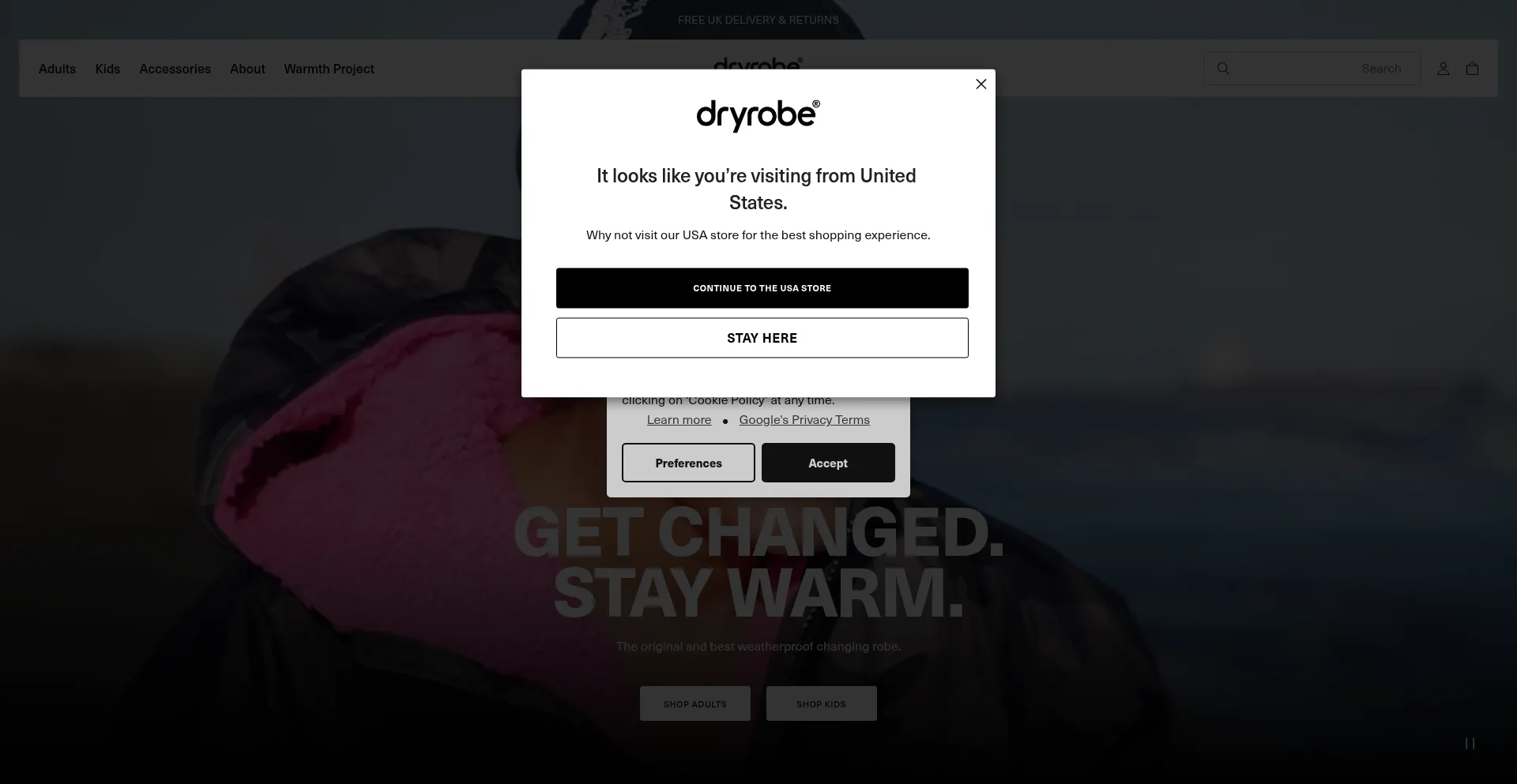 Website screenshot of Dryrobe.com