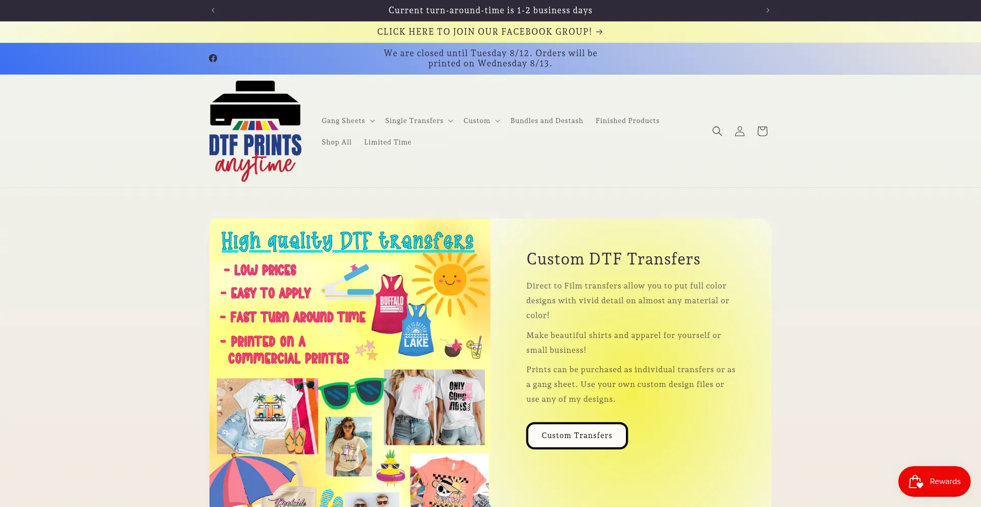 Website screenshot of Dtfprintsanytime.com