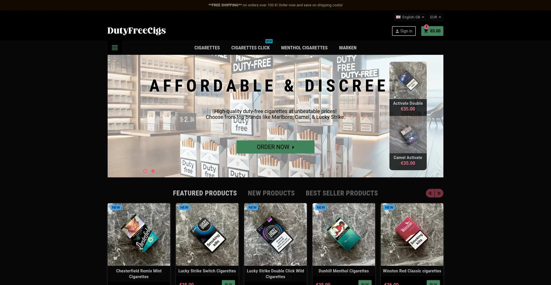 Website screenshot of Dutyfreecigs.net