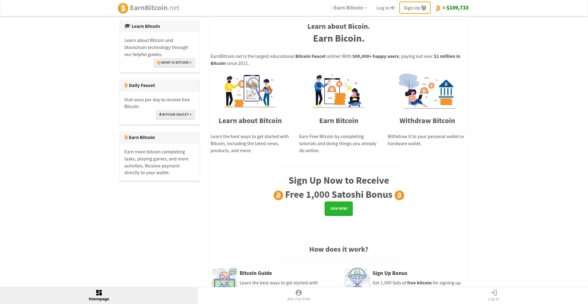 Website screenshot of Earnbitcoin.net