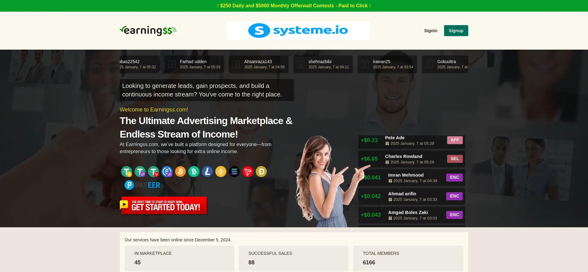 Website screenshot of Earningss.com