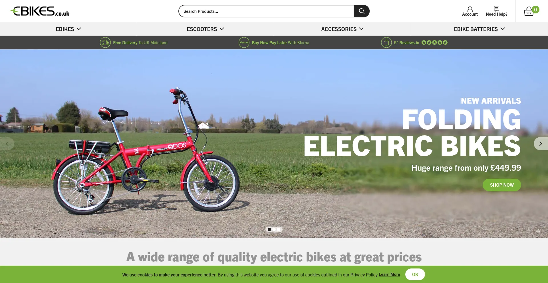 Website screenshot of Ebikes.co.uk