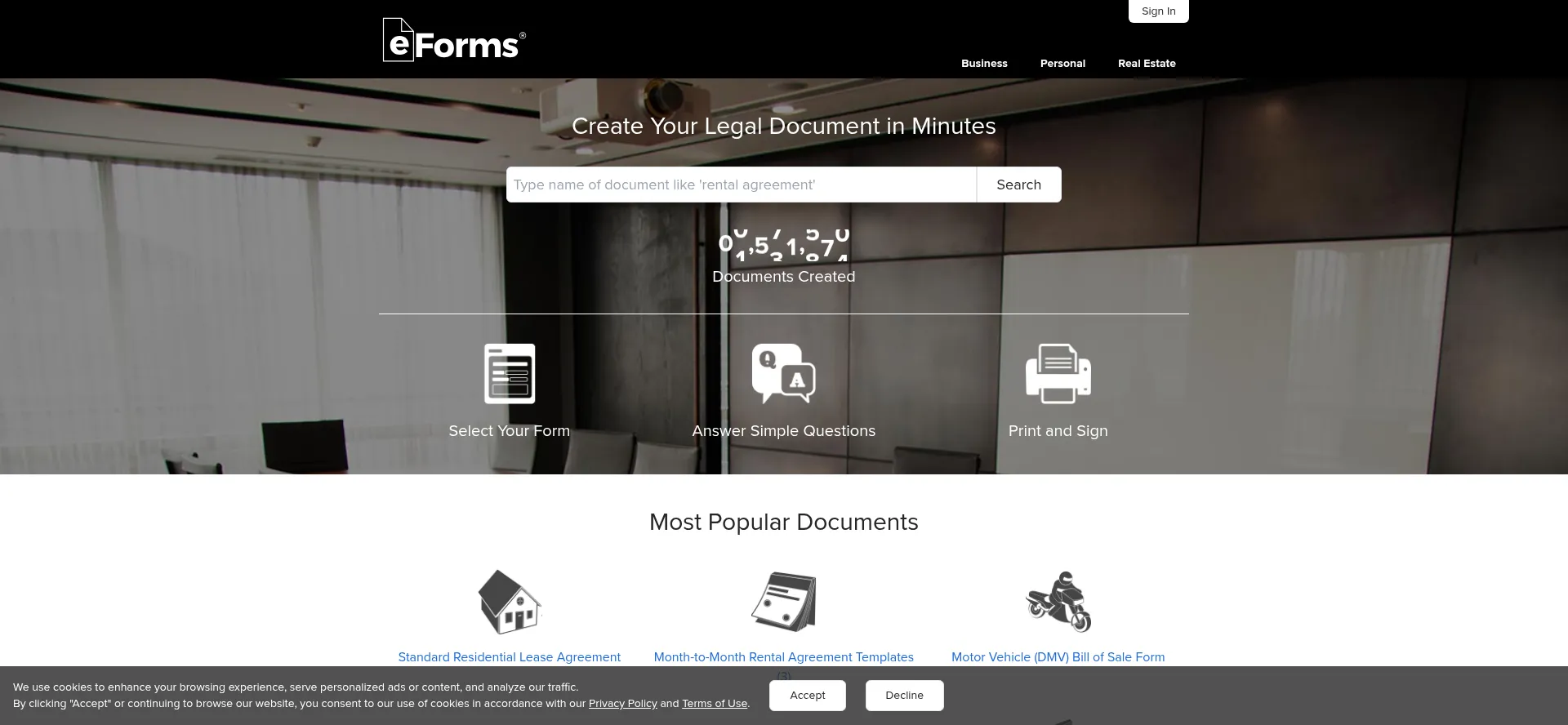Website screenshot of Eforms.com