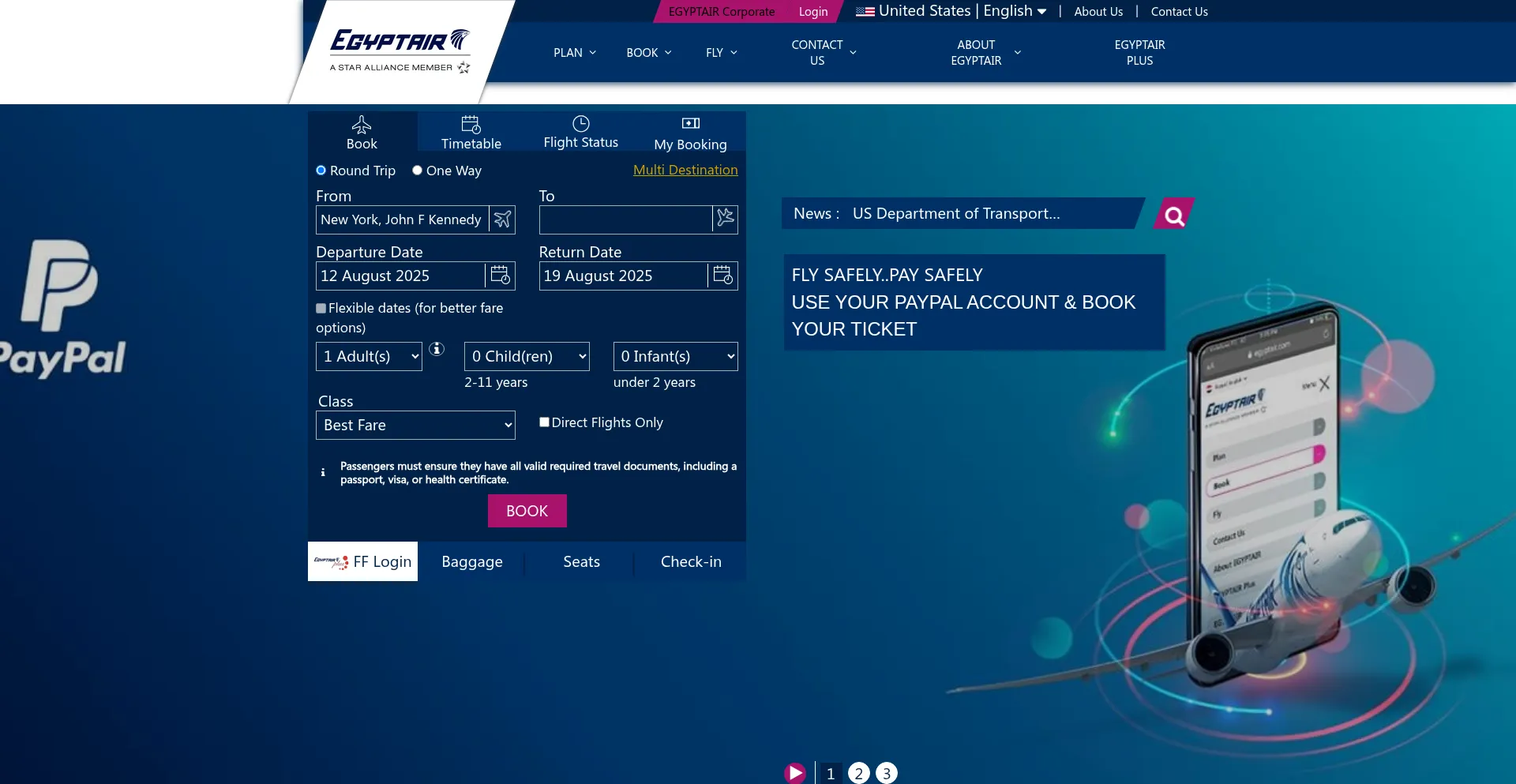 Website screenshot of Egyptair.com