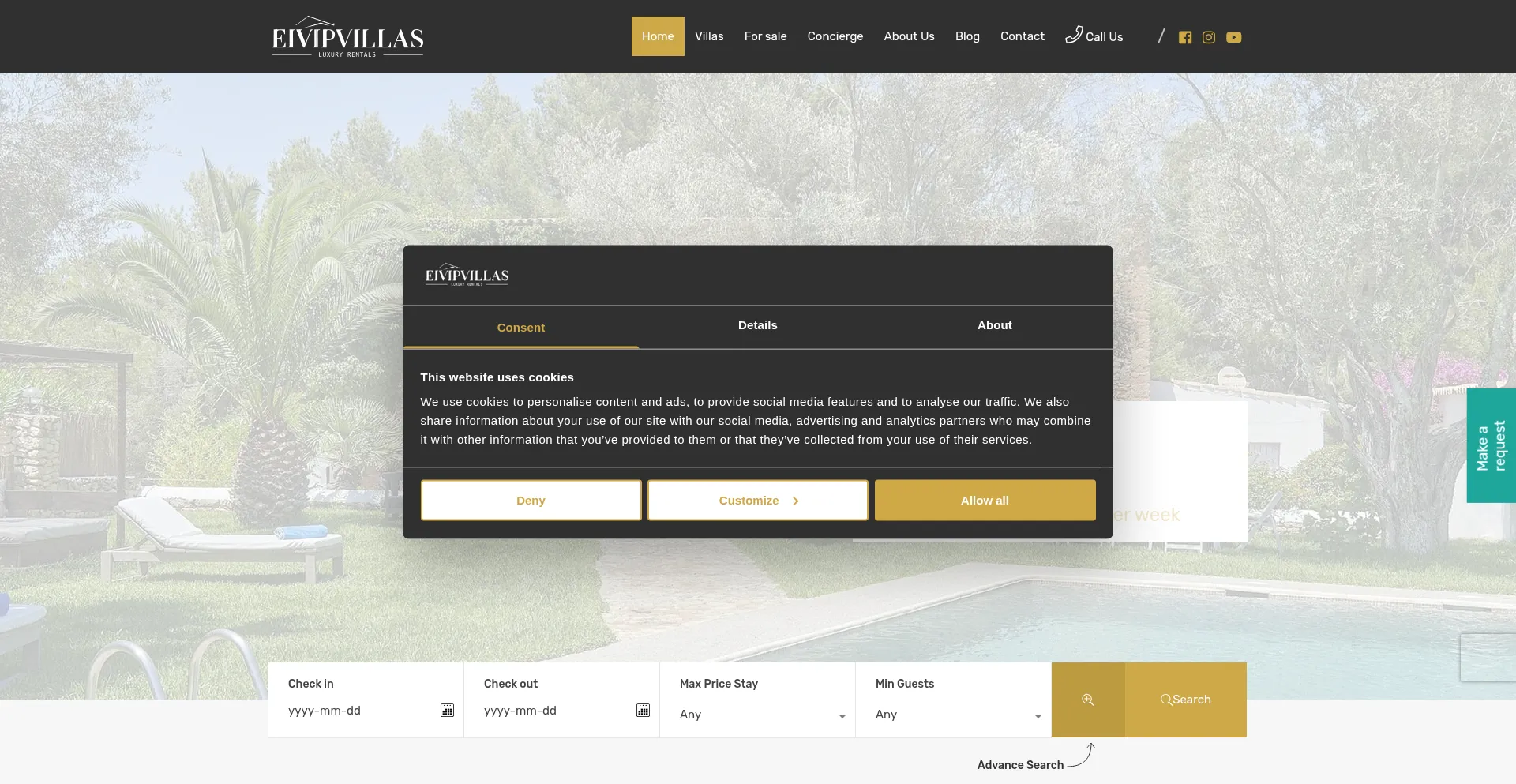 Website screenshot of Eivipvillas.com