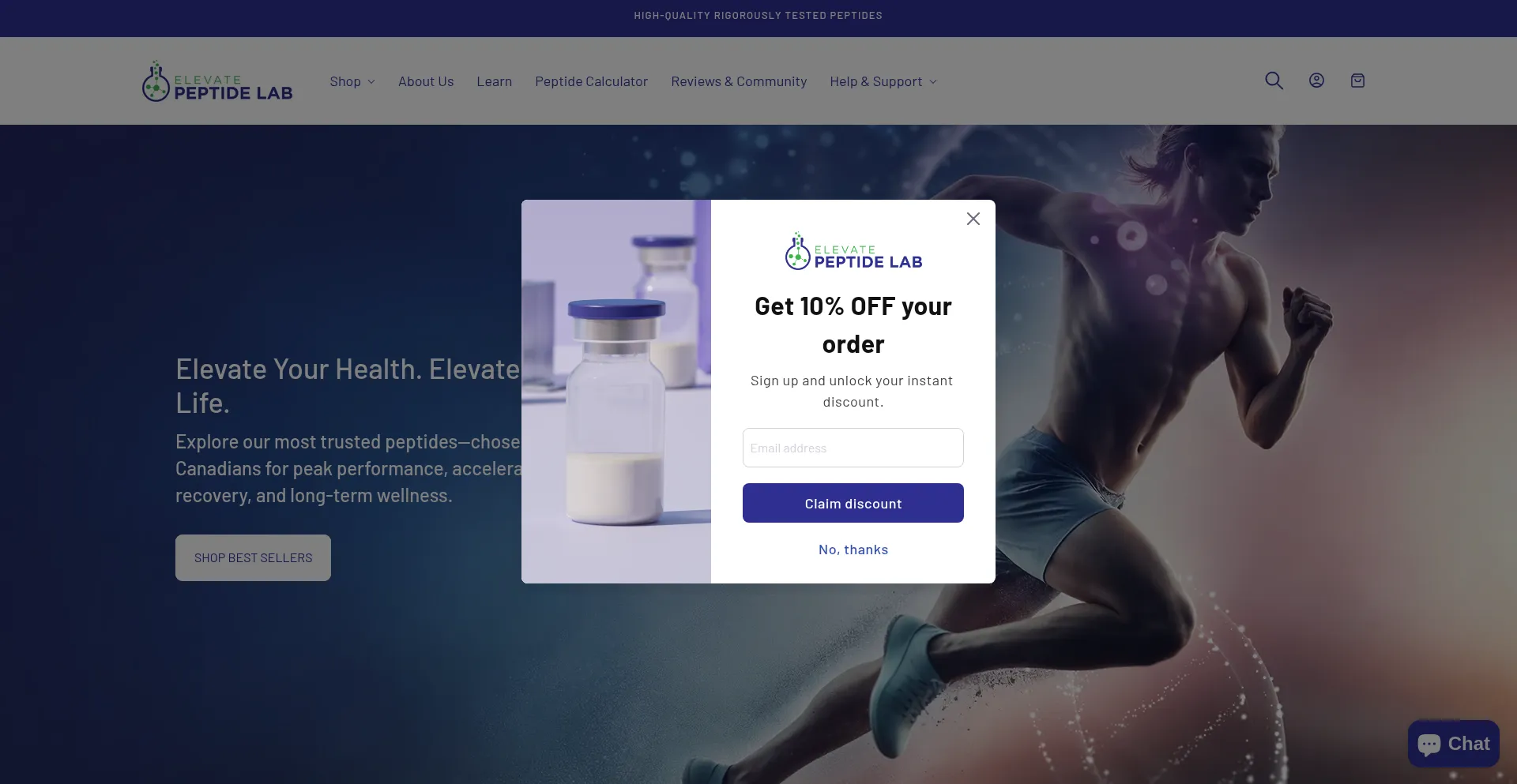 Website screenshot of Elevatepeptidelab.com
