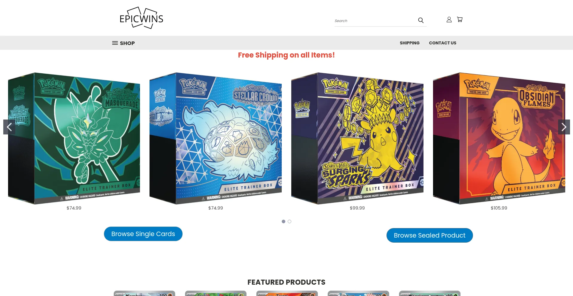 Website screenshot of Epicwins.com