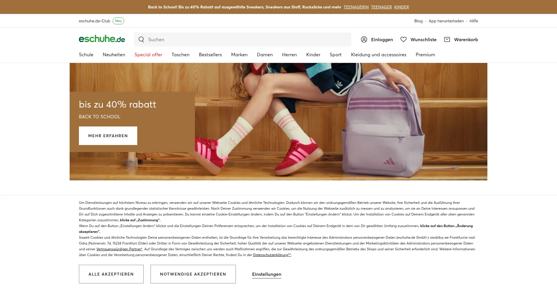 Website screenshot of Eschuhe.de