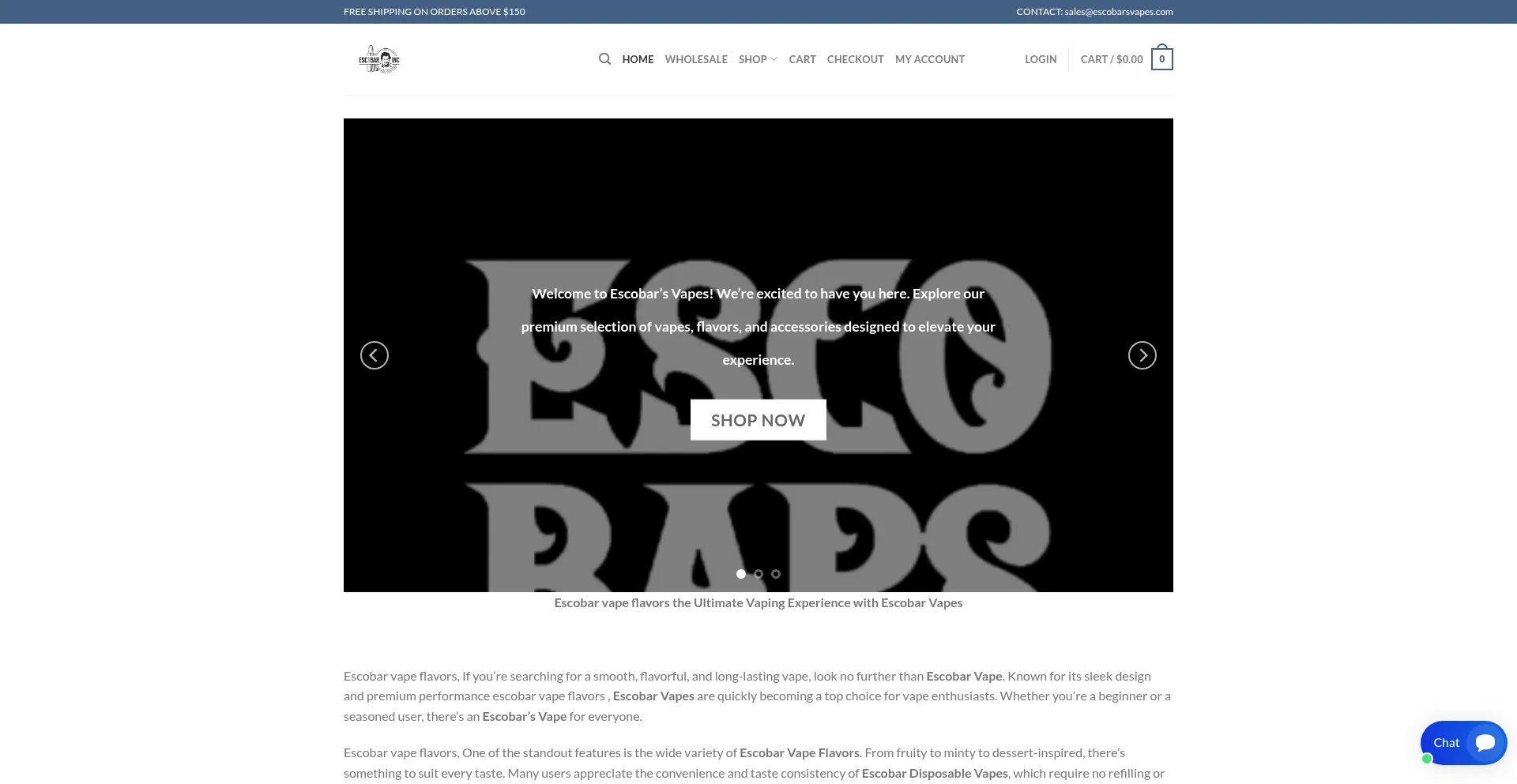 Website screenshot of Escobarsvapes.com