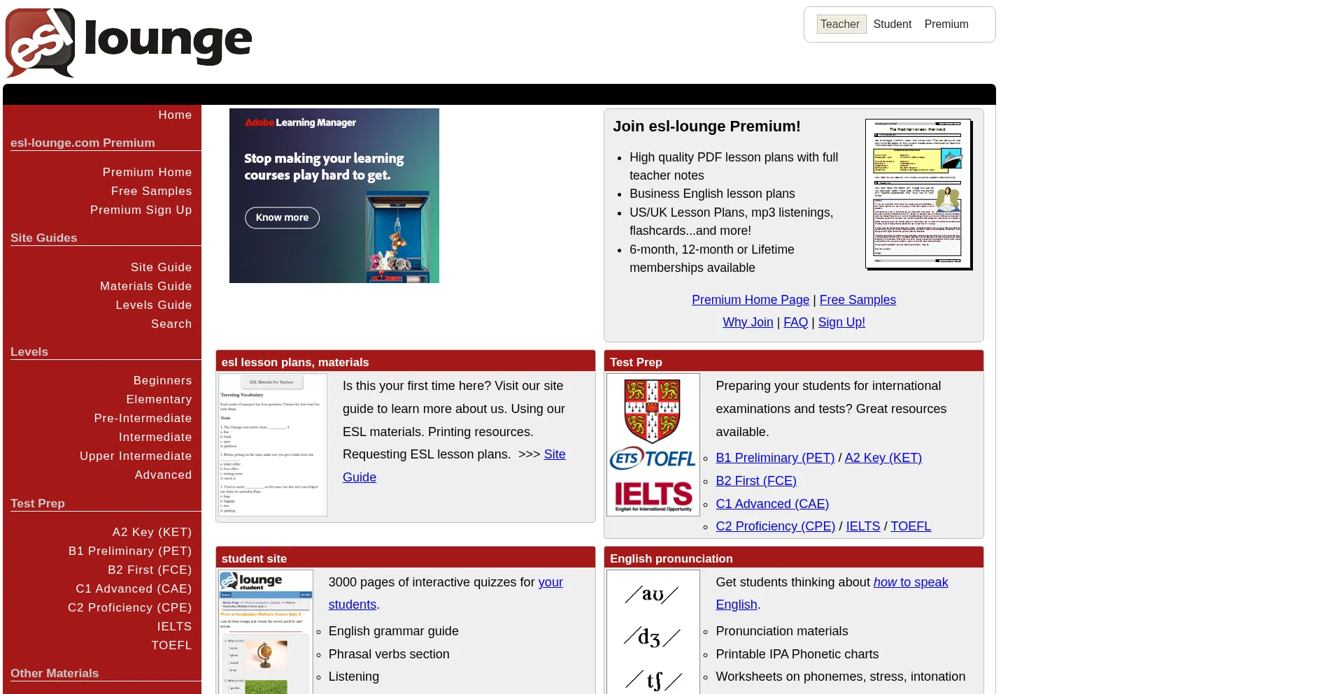 Website screenshot of Esl-lounge.com