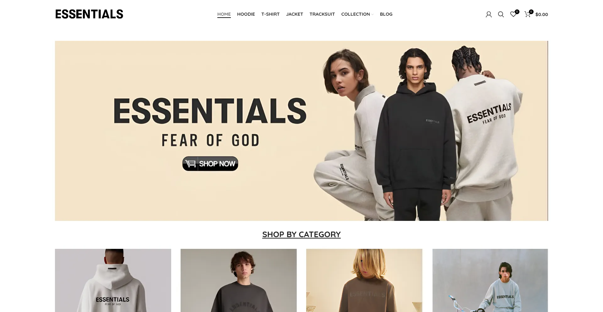 Website screenshot of Essentialsushoodies.com