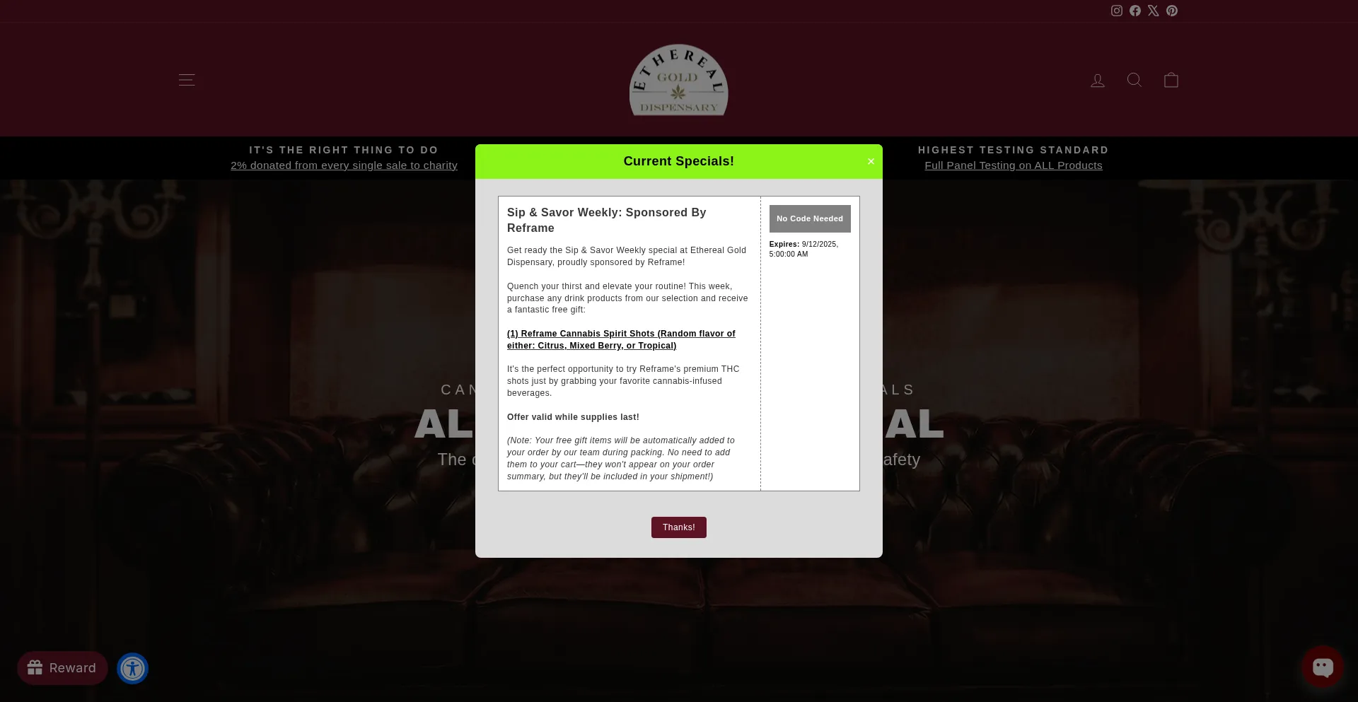 Website screenshot of Etherealgolddispensary.com