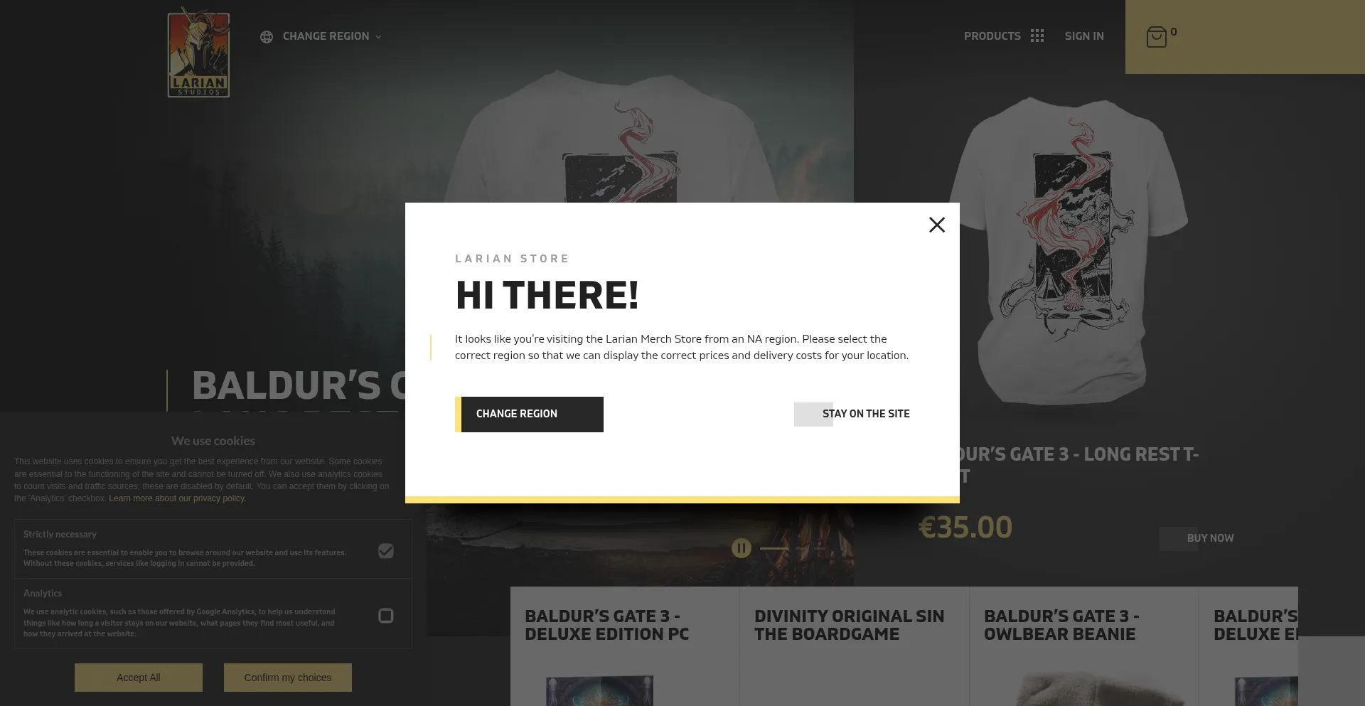 Website screenshot of Eu.merch.larian.com