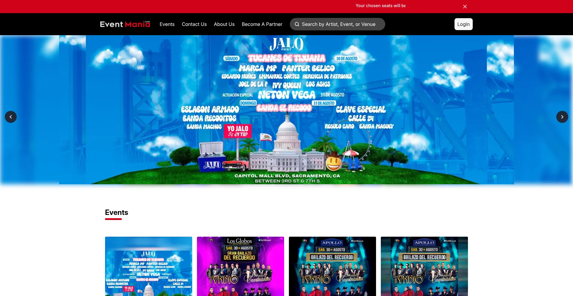 Website screenshot of Eventmania.com