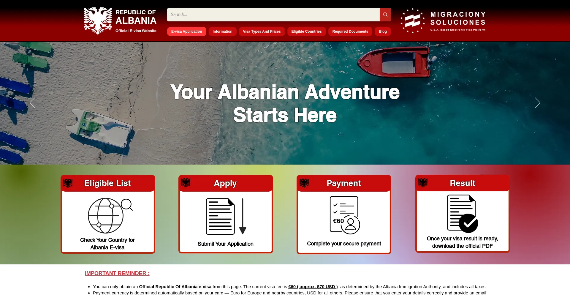 Website screenshot of Evisasalbania.com