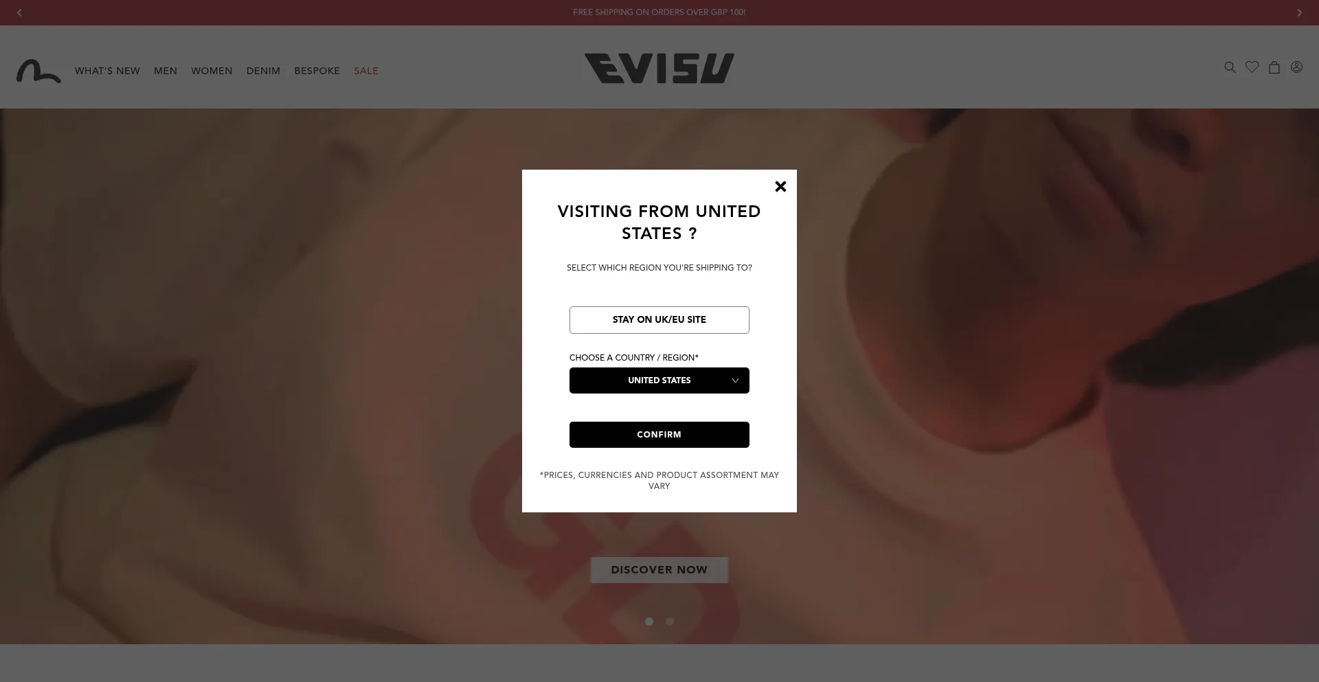 Website screenshot of Evisu.co.uk