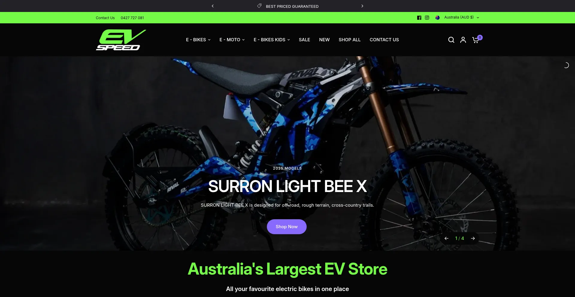 Website screenshot of Evspeed.com.au