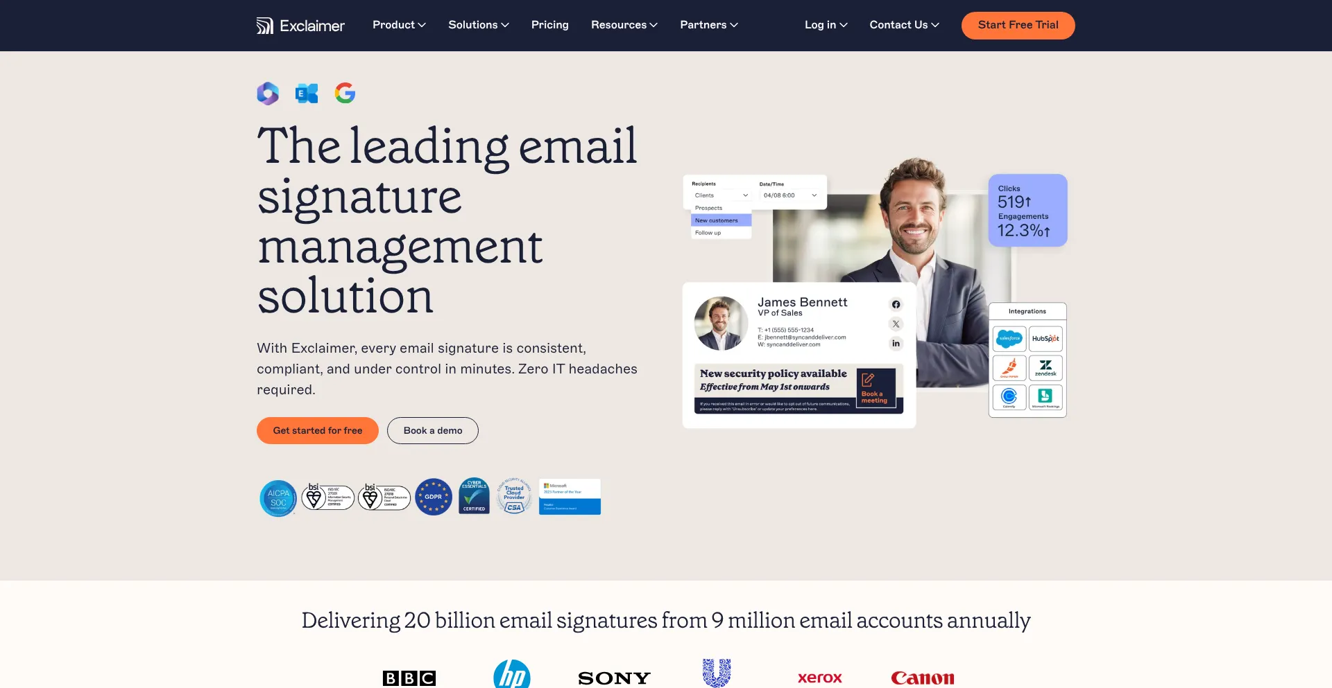 Website screenshot of Exclaimer.net