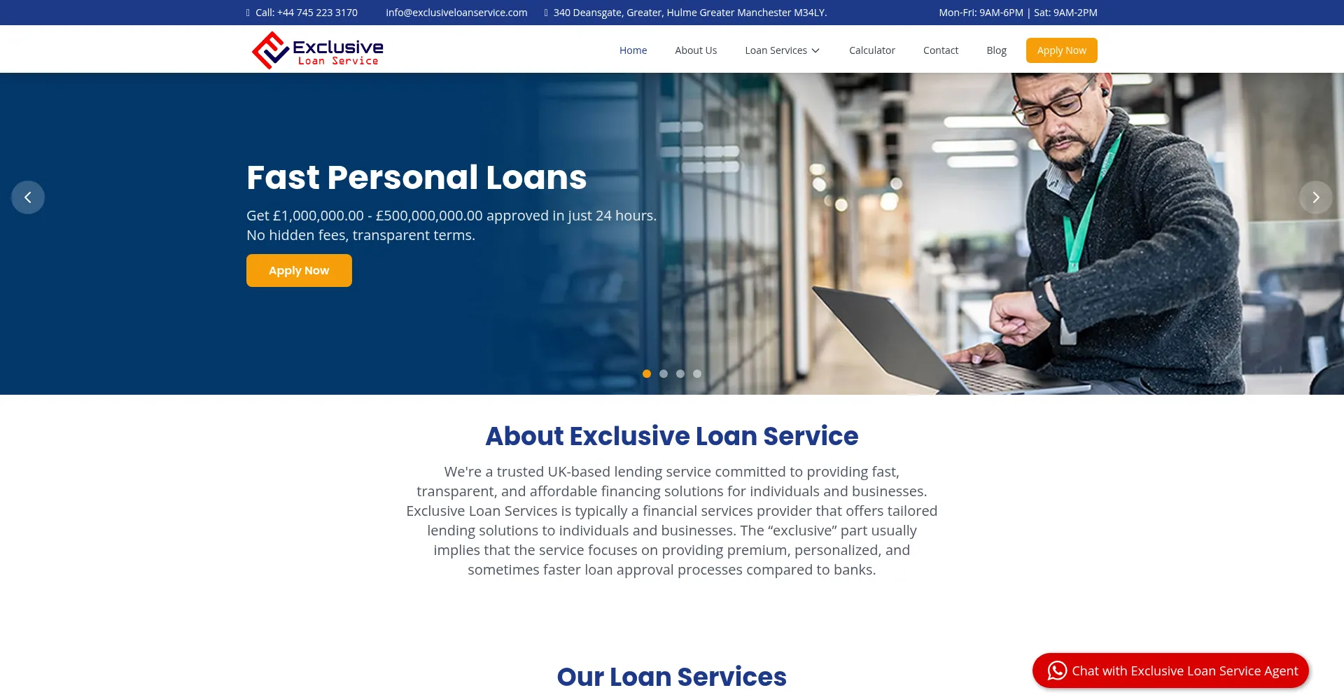 Website screenshot of Exclusiveloanservice.com