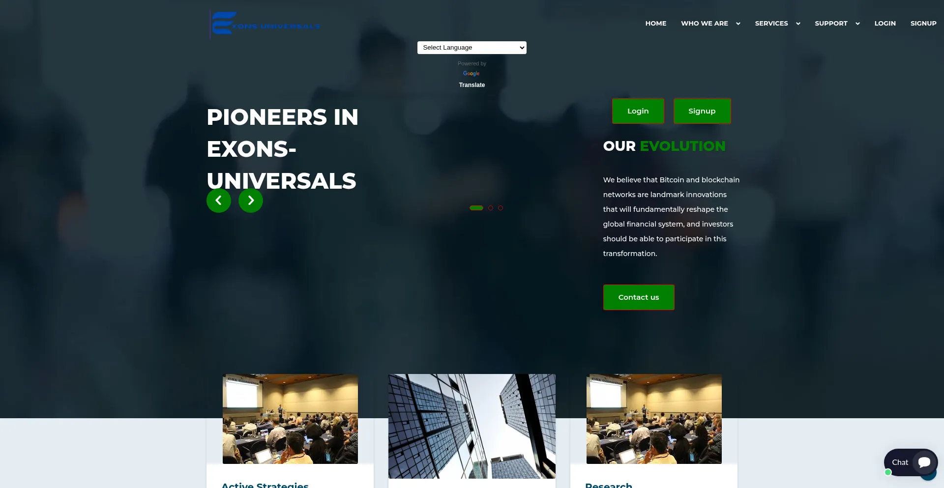 Website screenshot of Exons-universals.org