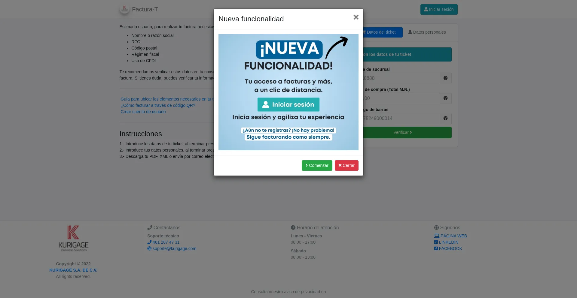 Website screenshot of Facturacion.appskurigage.com