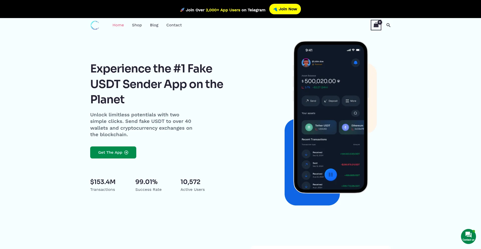 Website screenshot of Fakeusdtsender.com
