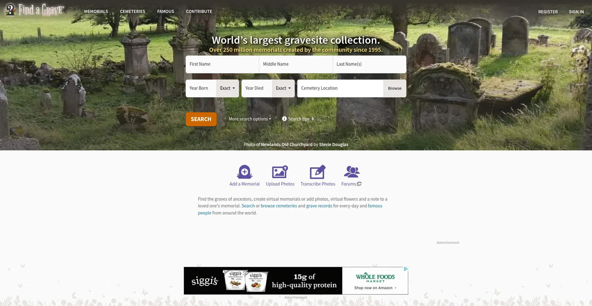 Website screenshot of Findagrave.com