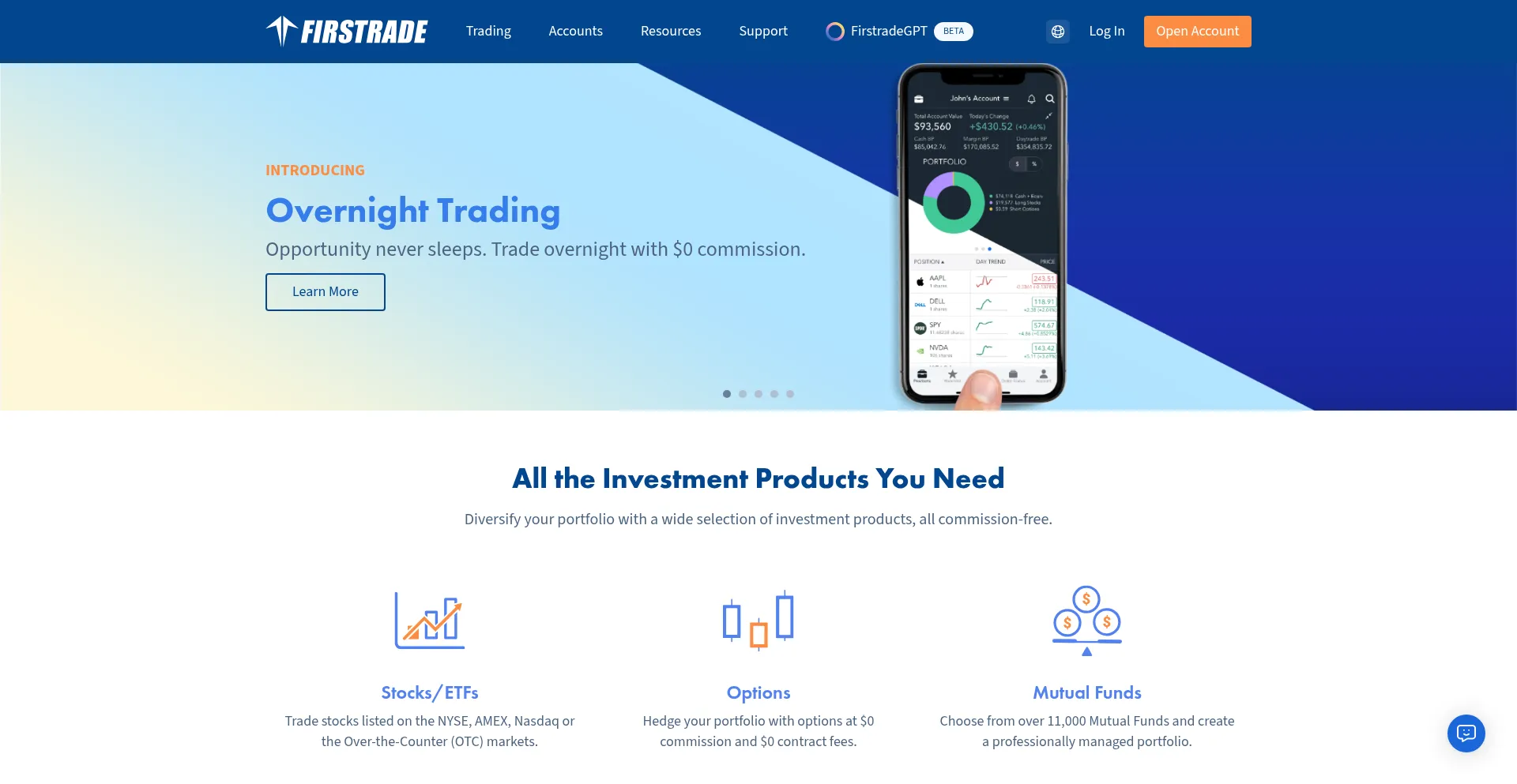 Website screenshot of Firstrade.com