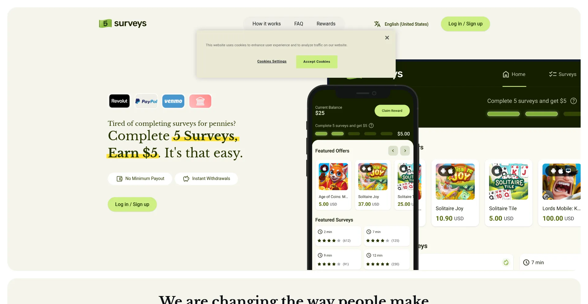 Website screenshot of Fivesurveys.com