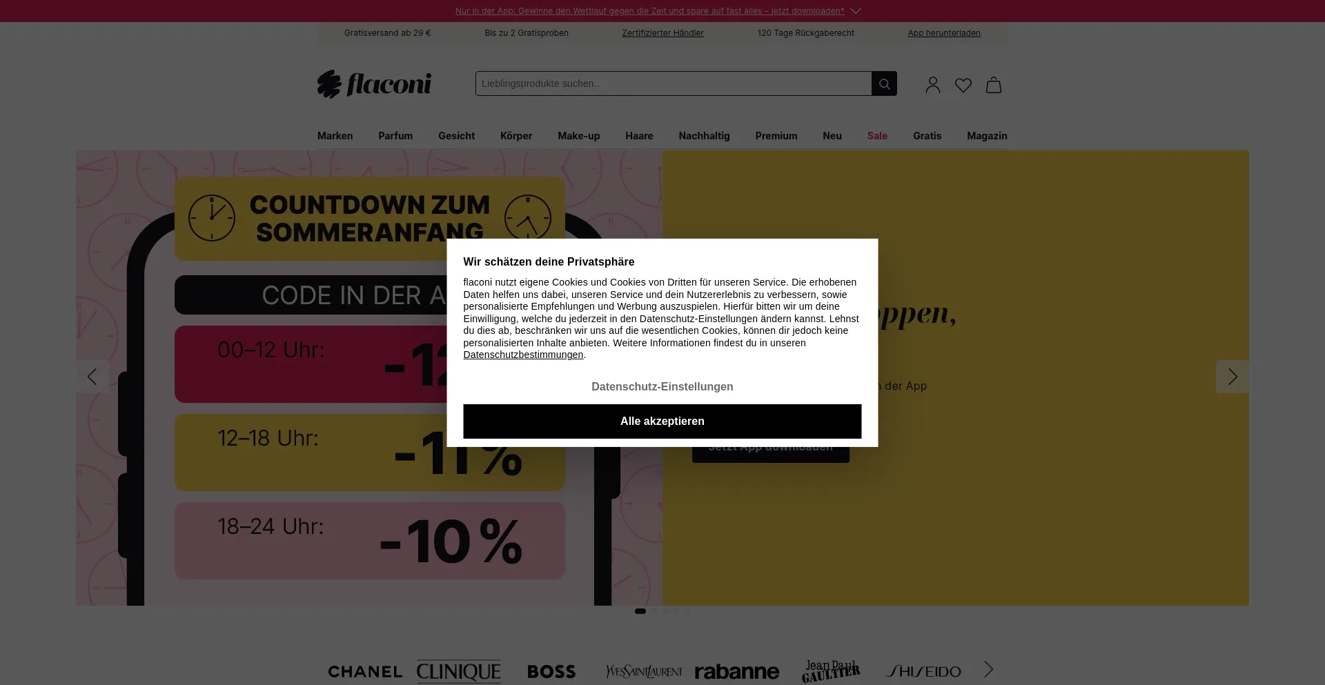 Website screenshot of Flaconi.at