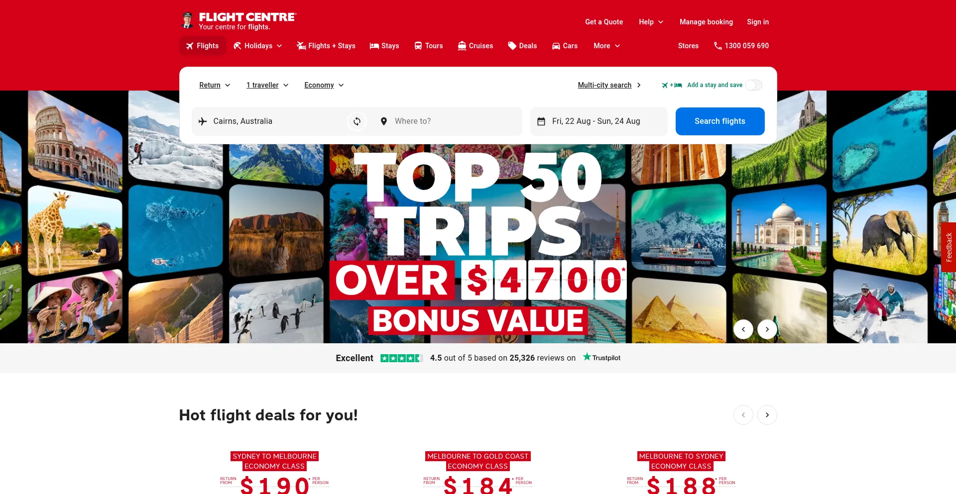 Website screenshot of Flightcenter.com.au