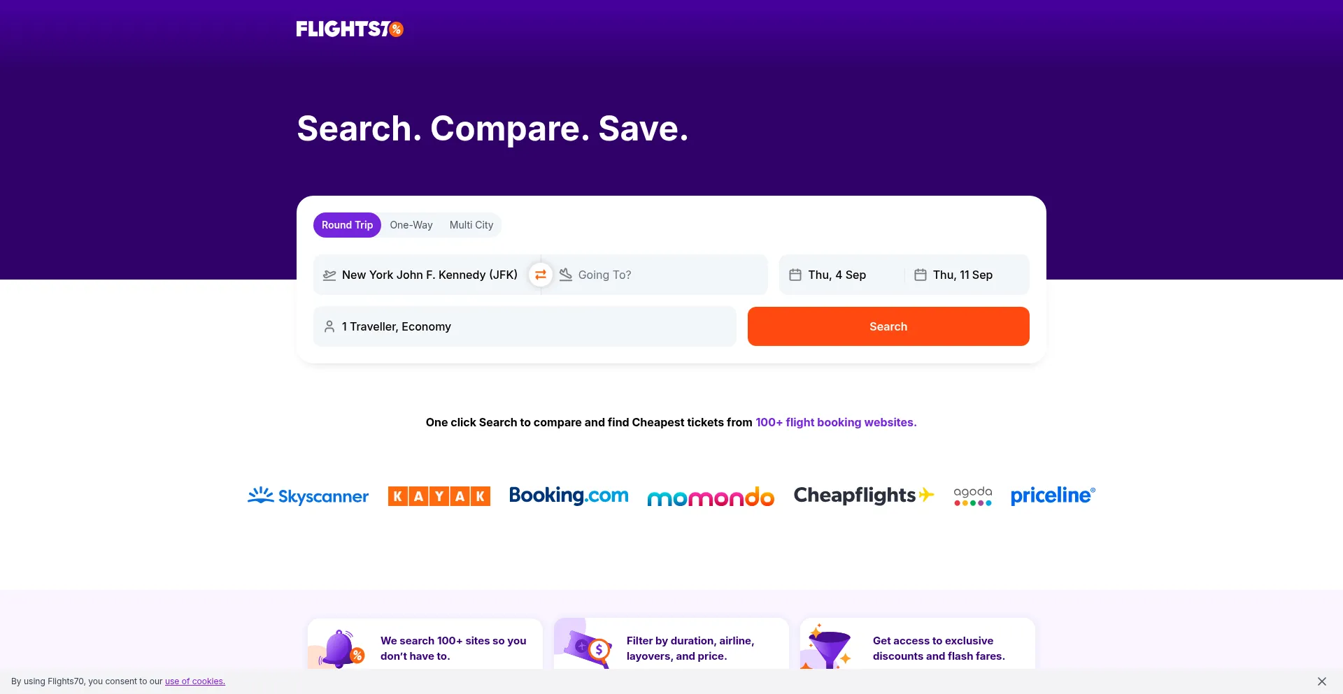 Website screenshot of Flights70.com