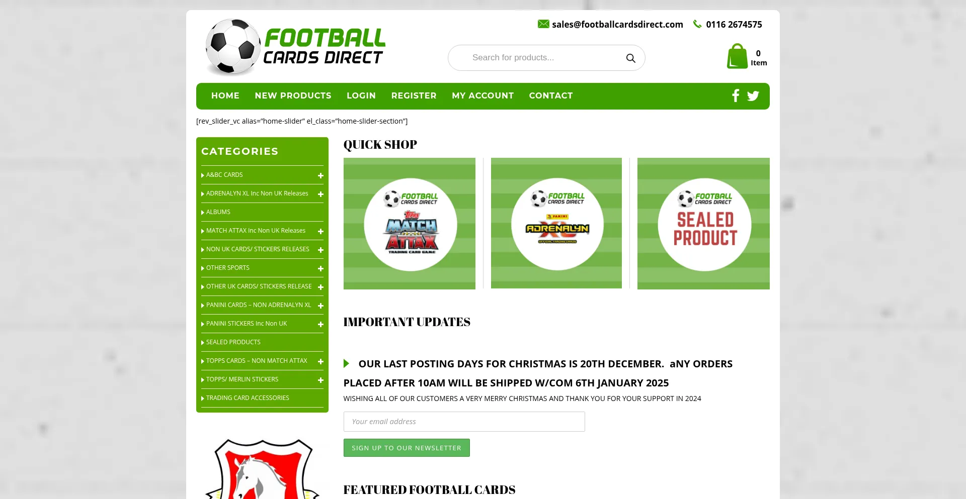 Website screenshot of Footballcardsdirect.com