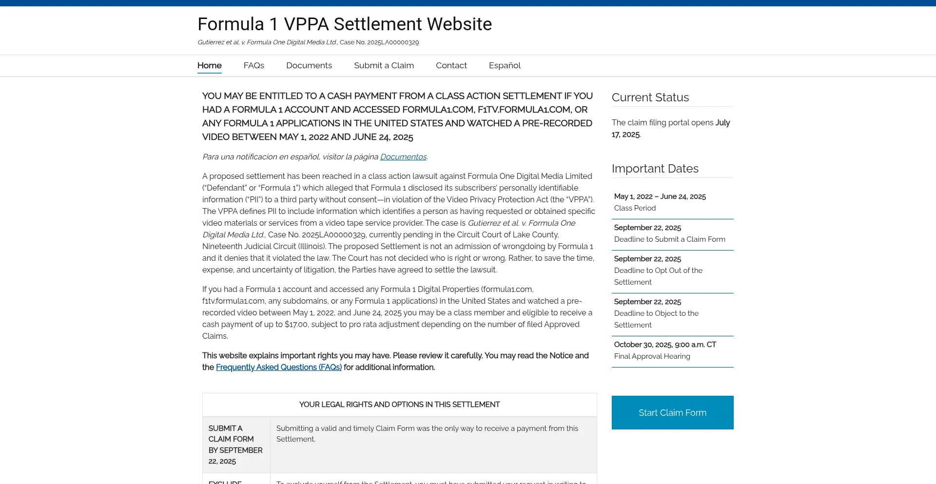 Website screenshot of Formula1usvppasettlement.com