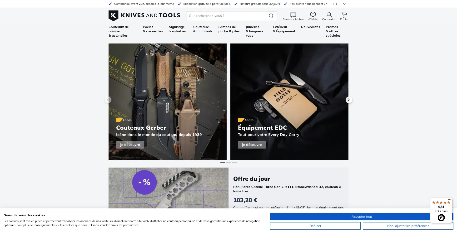 Website screenshot of Fr.knivesandtools.be
