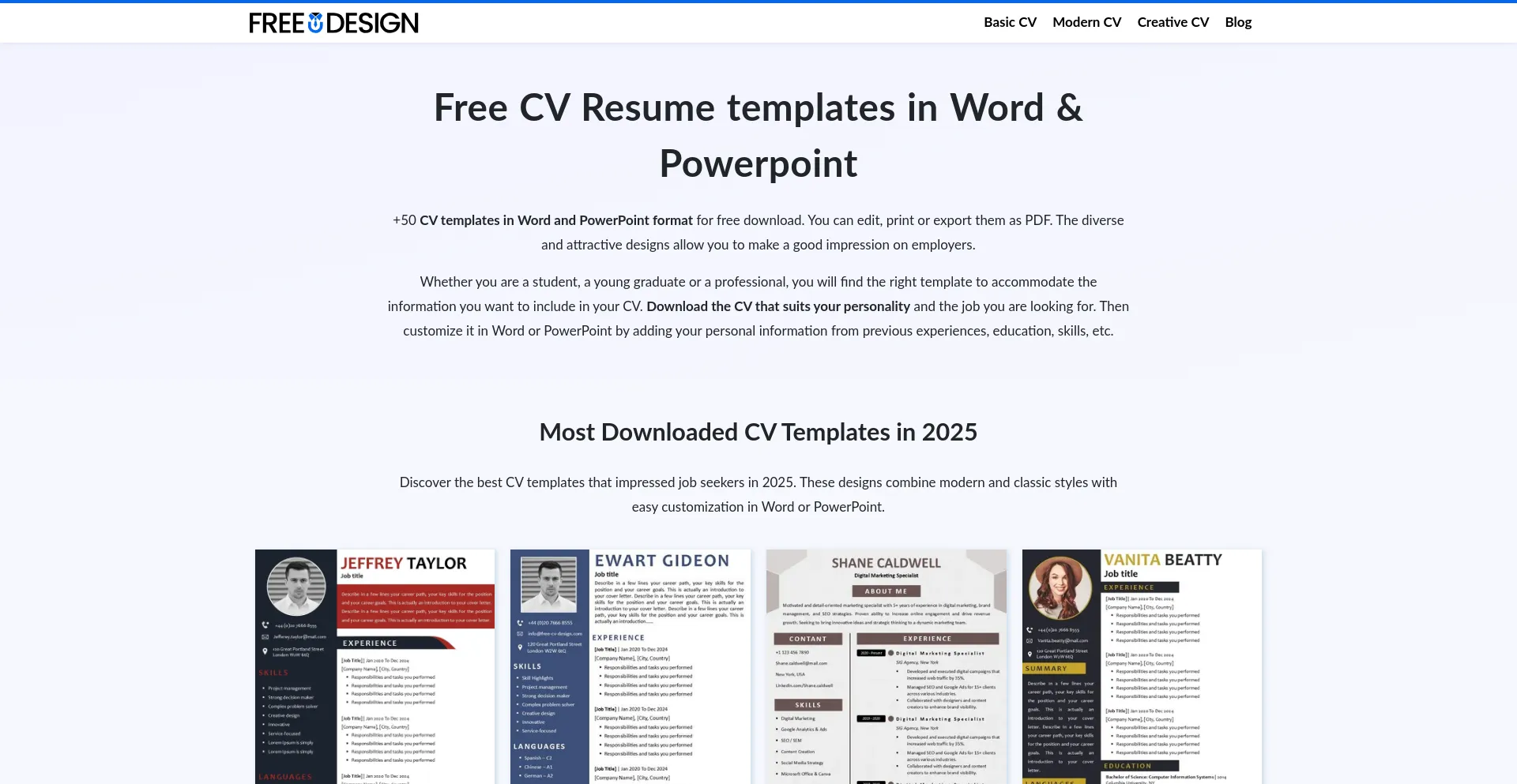 Website screenshot of Free-cv-design.com